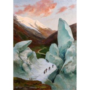 Edmond BORCHARD 1848-1922 Mont-Blanc, promenade sur le glacier, grand tableau, vers 1900-05