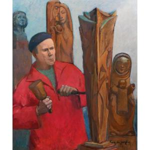 Suzanne Rey De Jaegher 1907-1994 Portrait Of The Sculptor Henri-paul Rey, Painting, Circa 1940-50