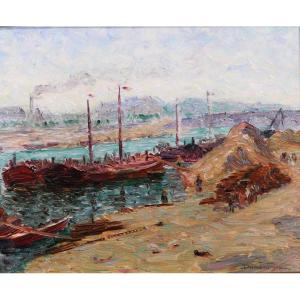 Edouard Jean Dambourgez 1844-1931 Paris, The Docks Of Bercy, Painting, Circa 1900
