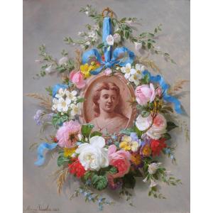 Marius VASSELON 1841-1924 Nature morte de fleurs d'été au portrait de femme, tableau, 1864