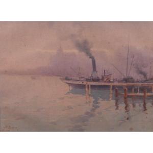 Antoine Barbier 1859-1948 Lyon, Boat In Port, Drawing, Circa 1900