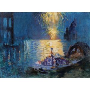Henri Le Riche 1868-1944 Venice, Night Party, Painting, 1928