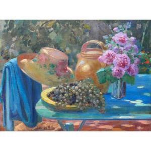 Louise ALIX 1888-1980 Nature morte au jardin : fleurs, raisins et chapeau, tableau, 1920-30
