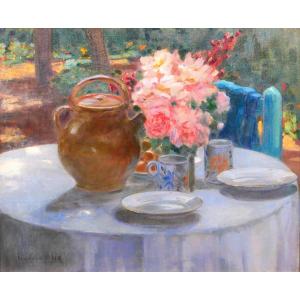Louise ALIX 1888-1980 La table au jardin, fleurs à l'heure du thé, tableau, Salon 1928
