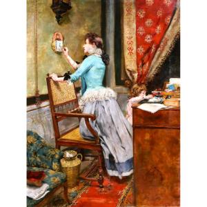 German Gomez Nederleytner, 1847-1895 Woman In Her Interior, Painting, Circa 1880
