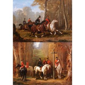 Victor Pinel de Grandchamps 1822-1869 Paire de tableaux, amazone et cavaliers à la chasse