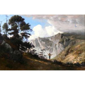 Albert de Meuron 1823-1897 Paysage de montagne au berger, tableau, 1870, Suisse, Alpes