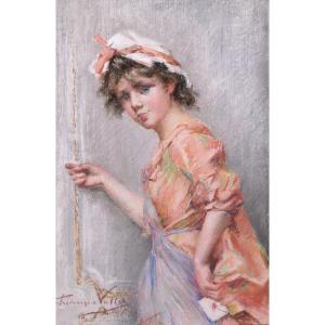 Frédérique VALLET-BISSON 1862-1948 L'indiscrète, portrait de jeune femme, pastel, vers 1890