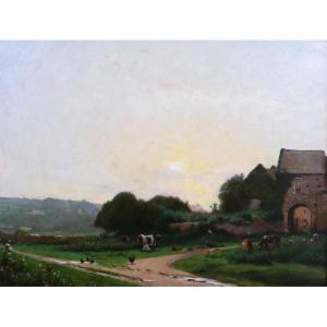 Victor Jacques RENAULT DES GRAVIERS 1816-1904 Crépuscule sur la ferme, paysage, tableau, 1886