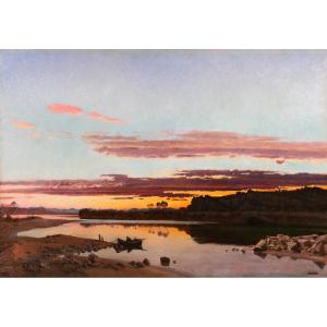 Paul Saïn 1853-1908 Crépuscule sur le Rhône près d'Avignon, grand tableau, vers 1885-90, Salon