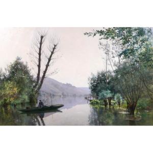 Gustave GARAUD 1844-1914 Paysage, La Seine à Dennemont, grand tableau, Salon 1892