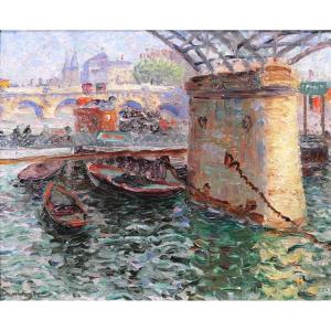 Edouard Jean DAMBOURGEZ 1844-1931 Paris, la Seine sous le pont des arts, tableau, vers 1900