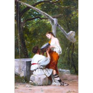 Théophile POILPOT 1848-1915 Grèce, couple à la fontaine, tableau, 1874