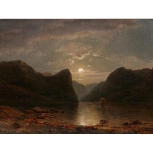 Georg Saal 1817-1870 Norwegian Landscape By Moonlight, Painting, 1848, Romanticism Germany