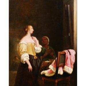 Ecole hollandaise du 19e d'après Frans van Mieris, Femme devant son miroir, tableau Pays-Bas