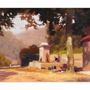Charles Liebert Provence, Fountain Under The Plane Trees, Painting, Circa 1910-20 Var Landscape