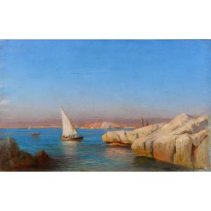 François Gautier 1842-1917 Marseille, bateau en mer, paysage, tableau vers 1890 impressionnisme