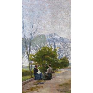 François Forichon 1865-1952 Women In The Garden, Painting, 1906, Impressionism Couture Landscape