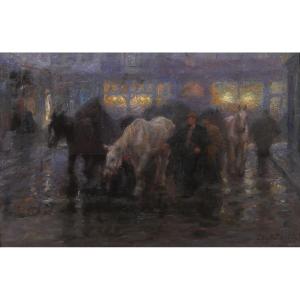 Edgard FARASYN 1868-1938 Chevaux dans la ville, effet de nuit, tableau impressionnisme Belgique