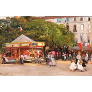 Pierre Léonce FURT 1871-ap. 1938  Le carrousel tableau, 1904, paysage impressionnisme fête