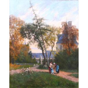 Fernand LUTSCHER 1848-1923 La rencontre dans le parc du chateau, grand tableau, 1879 paysage