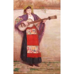 Médard Tytgat 1871-1948 Woman With Guitar, Painting, Circa 1910 Gypsy Music Belgium