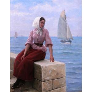 Charles Escudier 1848-1923 Woman At The Seaside Waiting For The Boat To Return, Painting, 1902