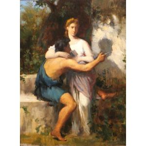 Jean DIFFRE 1864-1921 L'invention du dessin, tableau, vers 1880-85 Toulouse homme femme
