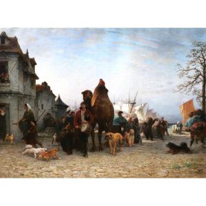 P.-A. Brunet-Houard 1827-1922 Saltimbanques avec leurs animaux en Bretagne, tableau, 1873