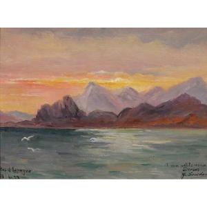 M. Savidan 19-20e Paysage des côtes d'Espagne,  effet du soir, 1922 tableau mer marine paysage