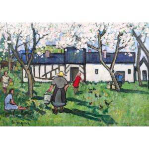 Henriette Le Pesqueux, Le printemps à la ferme en Normandie, tableau, vers 1930-40, arbre fleur
