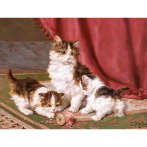 Daniel MERLIN 1861-1933 Chatte et ses chatons, tableau ancien vers 1900 chats animaux