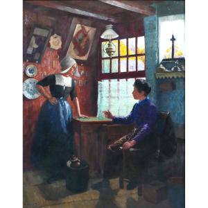 Reinhold BRESSLER 1868-1945 Pays-Bas, couple discutant, effet de lumière, tableau, vers 1900