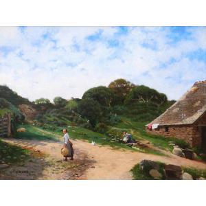 Victor Renault des Graviers 1816-1904 Paysage à la ferme, tableau,1886 impressionnisme Barbizon