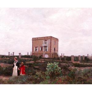 Alexandre BRUN 1853-1941 Bretagne, Quiberon, la maison de l'artiste tableau, vers 1900, paysage