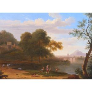 Pierre-Hen﻿ri de Valenciennes (attribué à) 1750-1819 Paysage aux baigneurs, tableau, homme nu