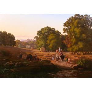 Gaspard Anrioud 1809-1866 Italy, Harvest Festival, Landscape, Large Painting, Romanticism