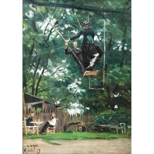 Alexandre BRUN 1853-1941 L'escarpolette de la guinguette, tableau impressionnisme 1879 paysage