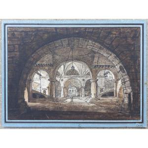 Jean-baptiste Coste 1746-1819 Imaginary Architecture Around 1780 Neoclassical Drawing Perspective
