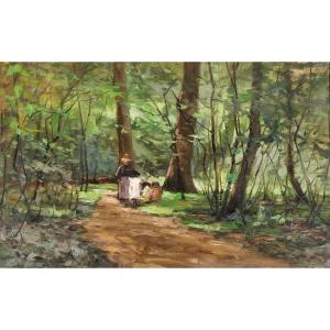 Joseph-charles François 1851-1940 Family In The Woods, Landscape Painting 1900 Impressionism