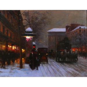 Fausto Giusto, 1867-1941, Paris, effet de nuit et de neige, tableau, vers 1900, paysage