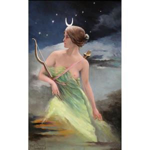 Albert Dremel 1864-? Diane chasseresse en allégorie de la Nuit, tableau, 1898 symbolisme
