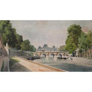 Paul Mültzer 1833-1891 Paris, le Pont-Neuf, dessin, aquarelle 1879 impressionnisme paysage