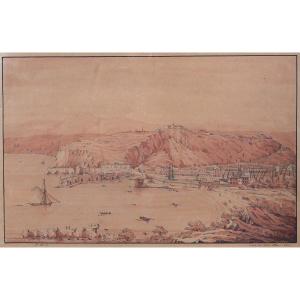 P. Merle 19e, Nice, l'entrée du port, dessin, 1834 tableau romantisme Guiaud