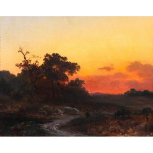 August Hörter 1834-1906 Landscape At Twilight, Yellow Effect, Painting, Circa 1860-70