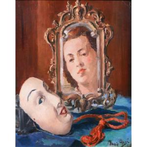 Annie Augé, 20th Portrait Of A Woman With A Mirror And Mask, Painting 1939, Art Deco