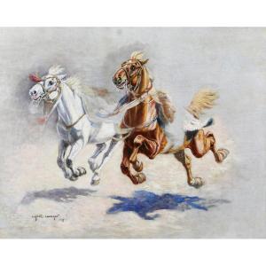 Eugène Chaperon 1857-1938 Horses, Painting, 1907 Study Militaria Napoleon Empire Ségur Battle