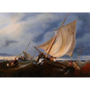 French School Of The 19th Century, Boats By Sea, Painting, 1829 Romantism Seascape