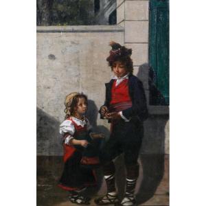 Evariste De Valernes 1816-1896 Children Counting Their Pennies, Painting Italy Traditional Costume