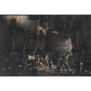 Alexandre BRUN 1853-1941 La salle des machines du bateau, dessin vers 1900 tableau marine mer